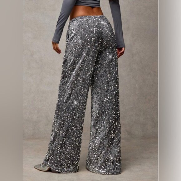 Silver Sequin Drawstring Wide Leg Pants - Picture 5 of 8